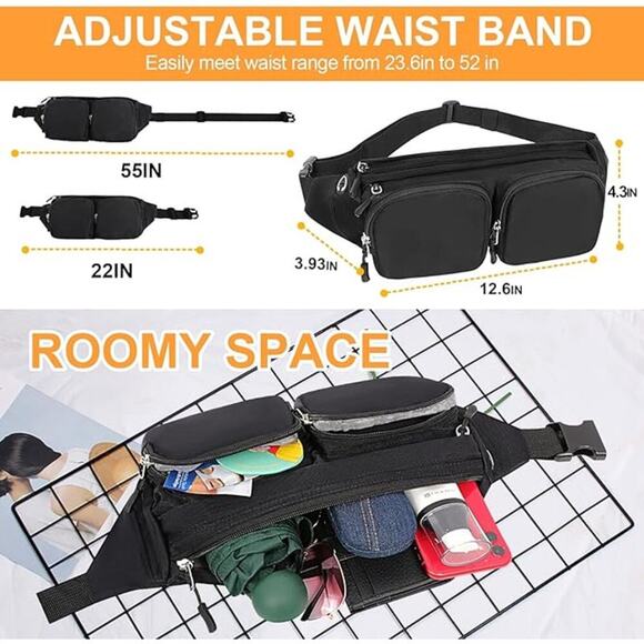 Women & Men Large Waist Bag Hip Bum Crossbody Bag with 5-Zipper Pockets (Black) - Picture 2 of 7
